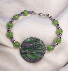 Handcrafted Silver Memory Wire Green Purple Beaded Bracelet Polymer Clay Pendant