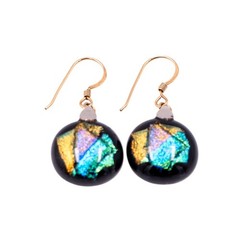 14K Yellow Gold Filled Dichroic Art Glass Dangle Earrings 1 1/2 Inch Artisan Dro