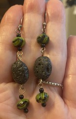 ⬇️Lava Rock and Black/green bead dangle Earrings