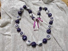 Hawaiian Purple & White Natural Kukui Nut Necklace Black Ribbon Tie Closure 32”