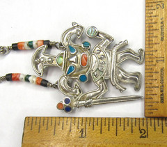 Peru 950 Sterling Silver Multi Stone Inlay Warrior King Pendant Heishi Necklace