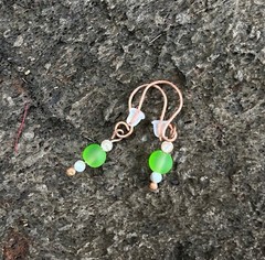 Handmade in Hawaii Copper, Green Sea Glass, and Puka Shell Earrings