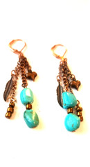 Turquoise Gemstone Earrings on Copper Leverbacks Dangle Chains Heart Leaf Charms