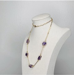 27” Natural Purple Amethyst Long Necklace 18K Gold Plated Raw Stones Brazil
