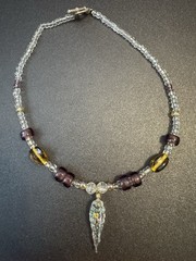 Purple Clear & Amber Color Artisan Glass Beaded Necklace W5