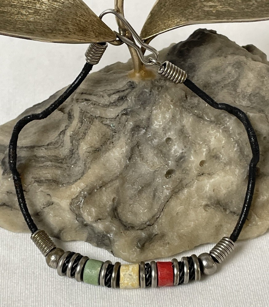 Vtg Artisan Fine Silver Beaded Bracelet 8” Red Ivory Green Stone Hook Clasp