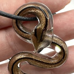 Art Glass Metallic Bronze Black Clear Colored Snake Pendant On Cord