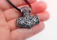 Viking Mjolnir Hammer Pendant with Odin’s Wolves — Norse/Thor/Raven/Silver/Wolf