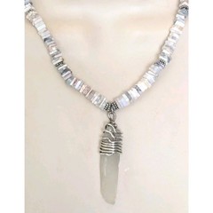 Sterling Silver Square Australian Opal Heishi Bead & Sea Glass Pendant Necklace