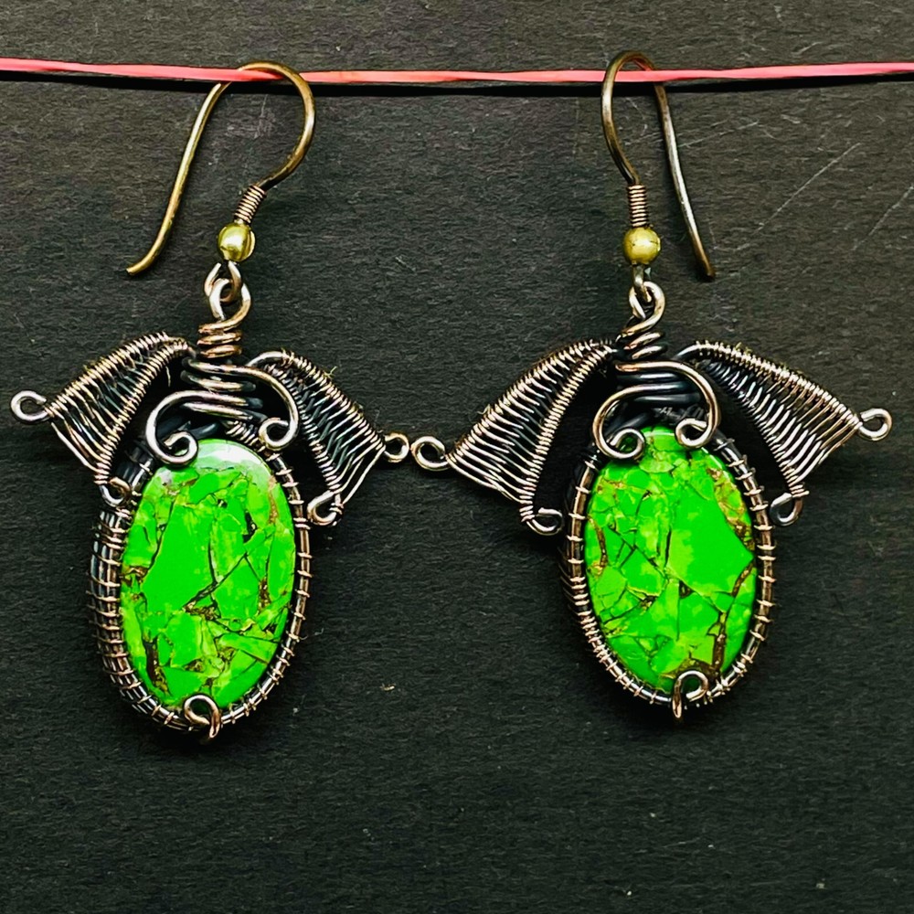Natural Green Turquoise Gemstone Copper Wire Wraped Handcrafted Earrings 40x19mm