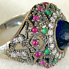 ARRAUS 925 Silver Bronze Ottoman Statement Ring Size 7.5 Blue Sapphire Multi-Gem