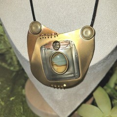 Handmade 16″Artisan Mixed Metal Pendant Necklace On Blk Cord Copper Brass Silver