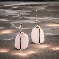 WHITE opaque Cultured sea glass Handmade w silver design drop earrings
