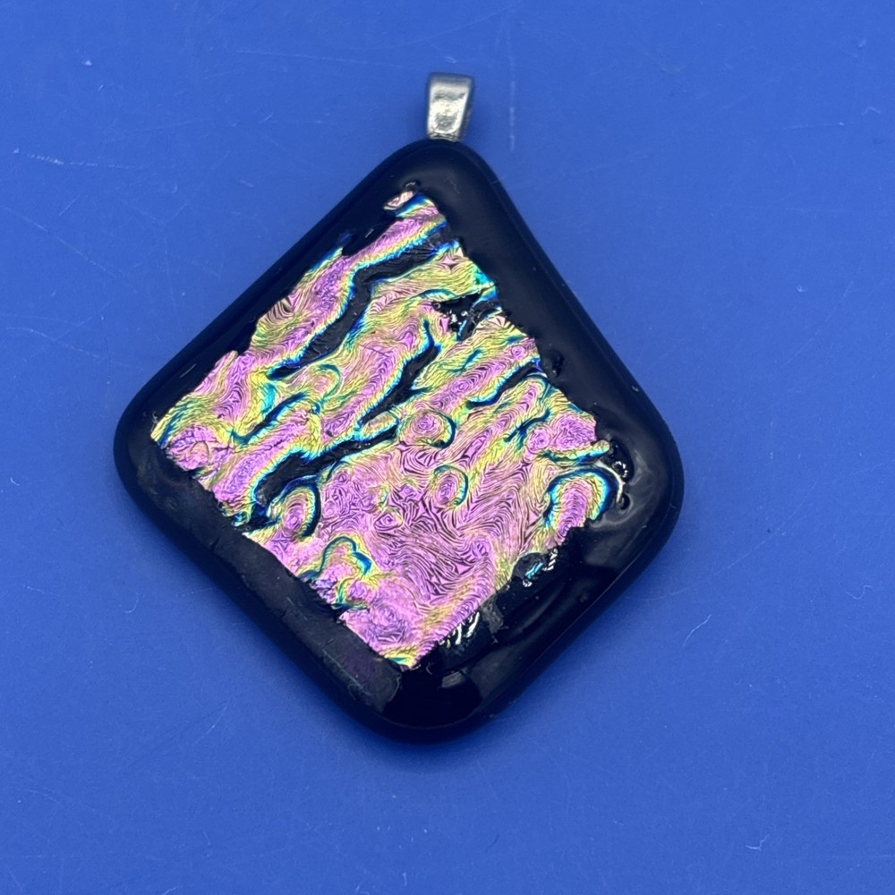 Handmade Dichroic Fused Glass Pendant Black Iridescent Pink Green 1.75”