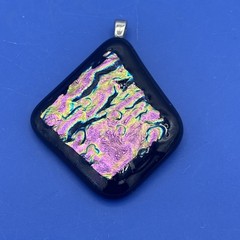 Handmade Dichroic Fused Glass Pendant Black Iridescent Pink Green 1.75”