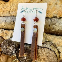 Leather Tassel Earrings – Rustic Brown with Red Jasper