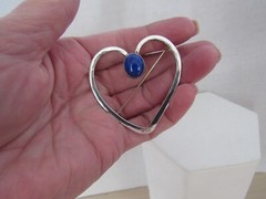 Artisan Signed STG PJ Handmade Sterling Silver Lapis Heart Pin Brooch Open