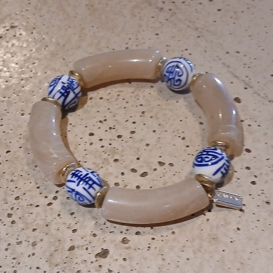 Tube Stone Ceramic Blue Beaded Bracelet Brass Unisex Adults Round