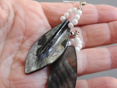 long MOTHER OF PEARL ABALONE pierced earrings w/faux pearls dangle