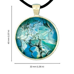 Pendant Necklace Handmade «Alaska Waters» Silver Bezel 30mm Black Cord