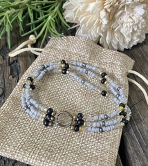 Three Strand seed bead Stretch Bracelet, Black Gray & Gold