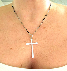 Modern Sterling Silver Cross Necklace Black Grey Rosary Adjustable Chain Gothic