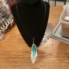 Handcrafted Boho Feather Pendant Necklace Leather Black Blue Beige