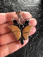 Artisan Made Orange Picture Jasper Handcarved Butterfly Pendant Black Onyx 2″