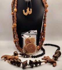 Handcrafted Boho Tribal Jewelry Lot Wood Bead Necklace Carved Pendant Earring-D