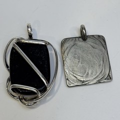Artisan Pendants Mixed Wire-Wrapped Black Glass Cabochon & Textured Square Metal