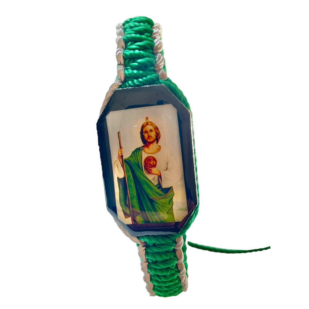 St Jude Reversible Bracelet Knotted Rope Green Grey Color Adjustable Wood Charm