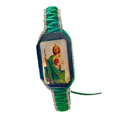St Jude Reversible Bracelet Knotted Rope Green Grey Color Adjustable Wood Charm