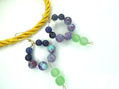 Purple jasper frost green glass bead earrings gold plated hooks handmade dangle