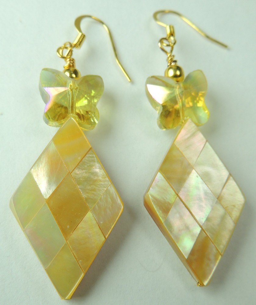 Golden Lipped Mother of Pearl Inlay Earrings & Yellow Butterfly Handmade Jewelry