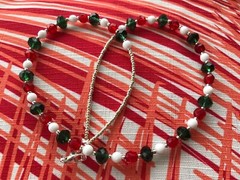 Handmade Christmas Short Necklace of Green Red and White Glass Beads Silver Tone