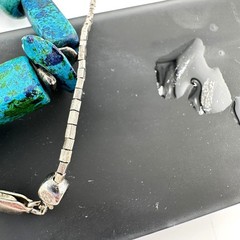 925 Sterling Silver Blue Green Purple Painted Ceramic Faux Azurite 17” Necklace