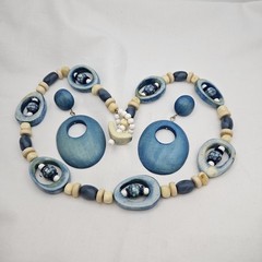 Artisan Blue & Natural Tagua Nut Set Statement Necklace/Earrings Eco-Friendly