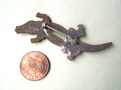 ALLIGATOR Pin Brooch- Enamel on Copper Signed INGA-BROWN/GREEN/WHITE Enamel