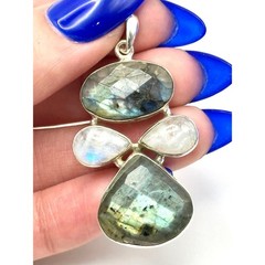 Large Faceted Labradorite & Moonstone Sterling Silver Handmade Pendant