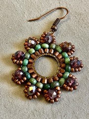 HANDMADE BEADED FLOWER EARRINGS Copper Hex Green Beads Purple Crystal