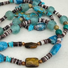 Artisan Beaded Lariat Tassel Necklace Turquoise Tigers Eye Sea Glass Blue Brown