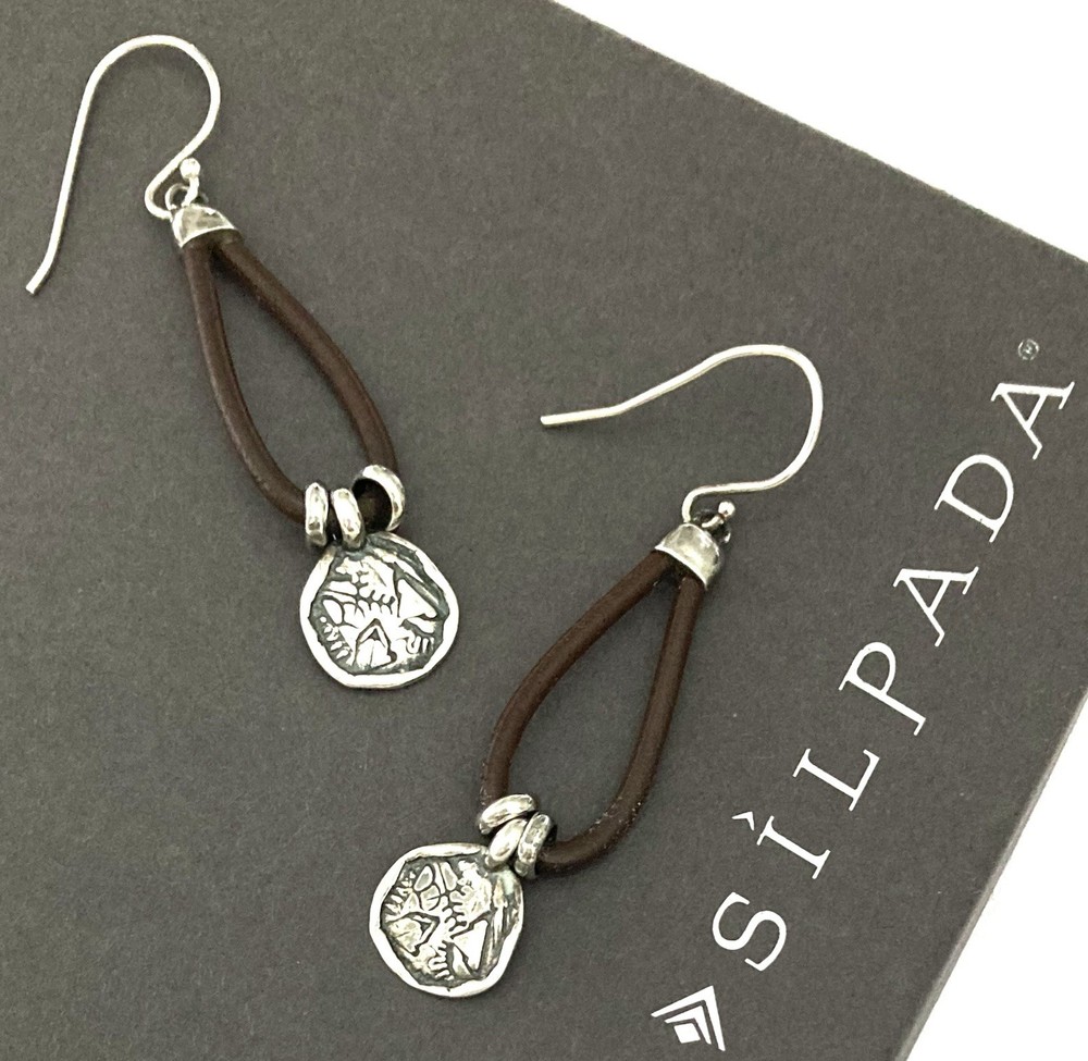 SILPADA Sterling Silver Medallion PRARIE GIRL Brown Leather Drop Earrings~#W2179