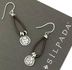 SILPADA Sterling Silver Medallion PRARIE GIRL Brown Leather Drop Earrings~#W2179