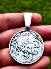 999 Fine Silver Buffalo Indian Coin Pendant, Large Bail Necklace