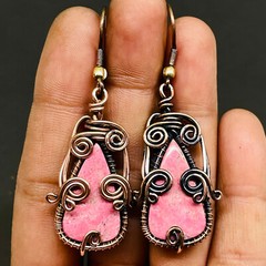 Natural Rhodonite Gemstone Copper Wire Wrapped Handcrafted Earrings 41x19mm