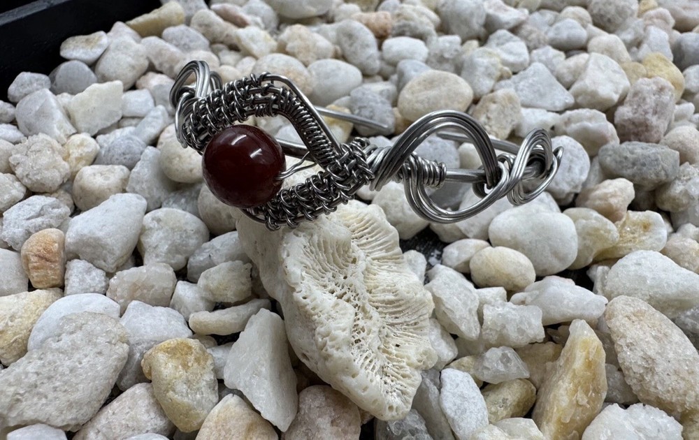 Artisan Wire Wrapped Cuff With Maroon Stone Colorful Chunky Bracelet Boho