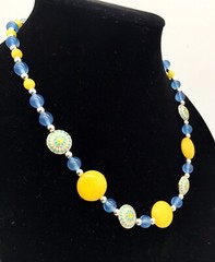 19″ Yellow Agate Necklace, Handmade Cloisonné, Silver-filled, Czech Glass, LJN18