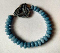 Handmade Blue Aquamarine & Sliced Black Agate Druzy Silver Beaded Bracelet