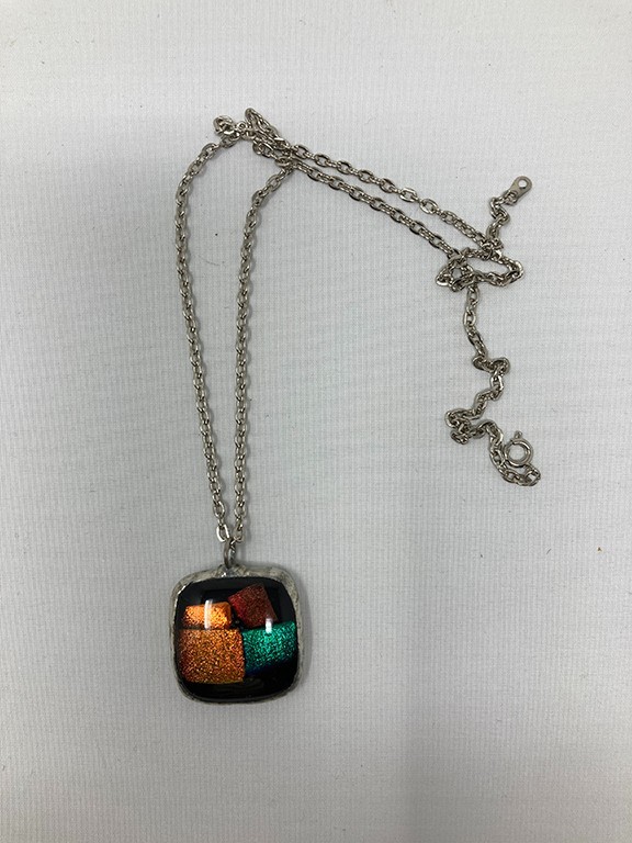 Handmade Fused Glass Jewelry Pendant, Black, Gold, Blue, Orange, Copper