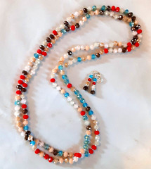 Faceted MULTI-COLOR CRYSTAL hand tied bead necklace set 58 INCHES